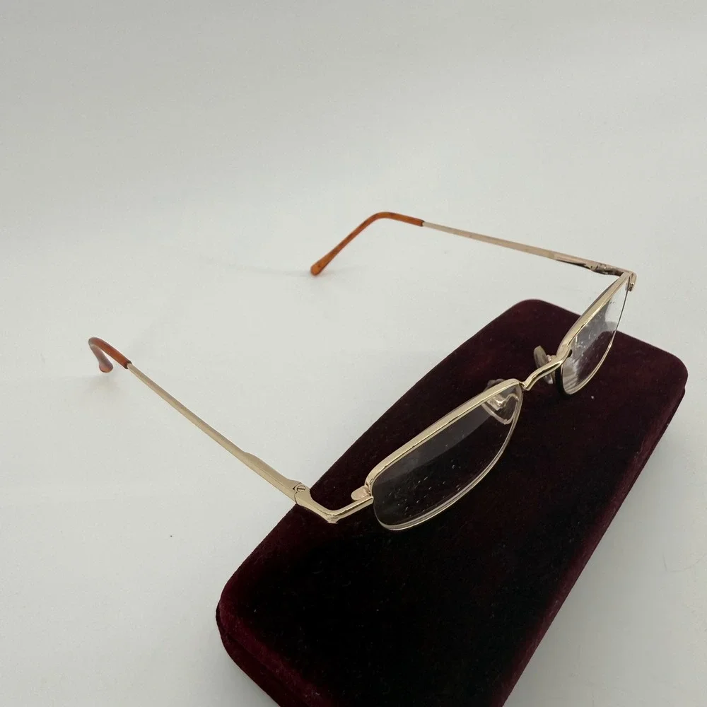Vintage Gold Metal Narrow Rectangular Eyeglasses Frames Tortoise Tips 90s Style
